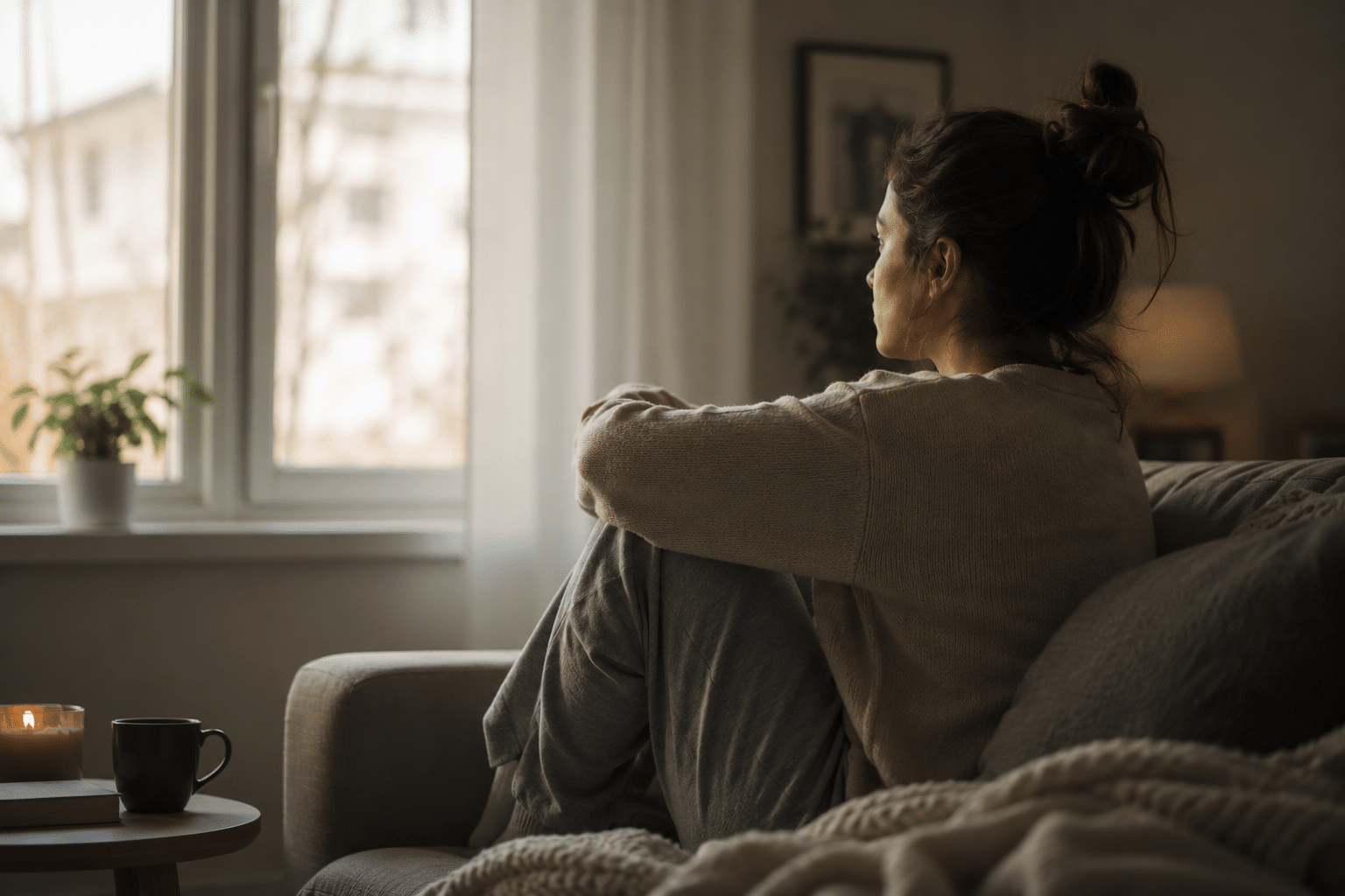 Trauma Therapy woman sitting on bed recovering from trauma