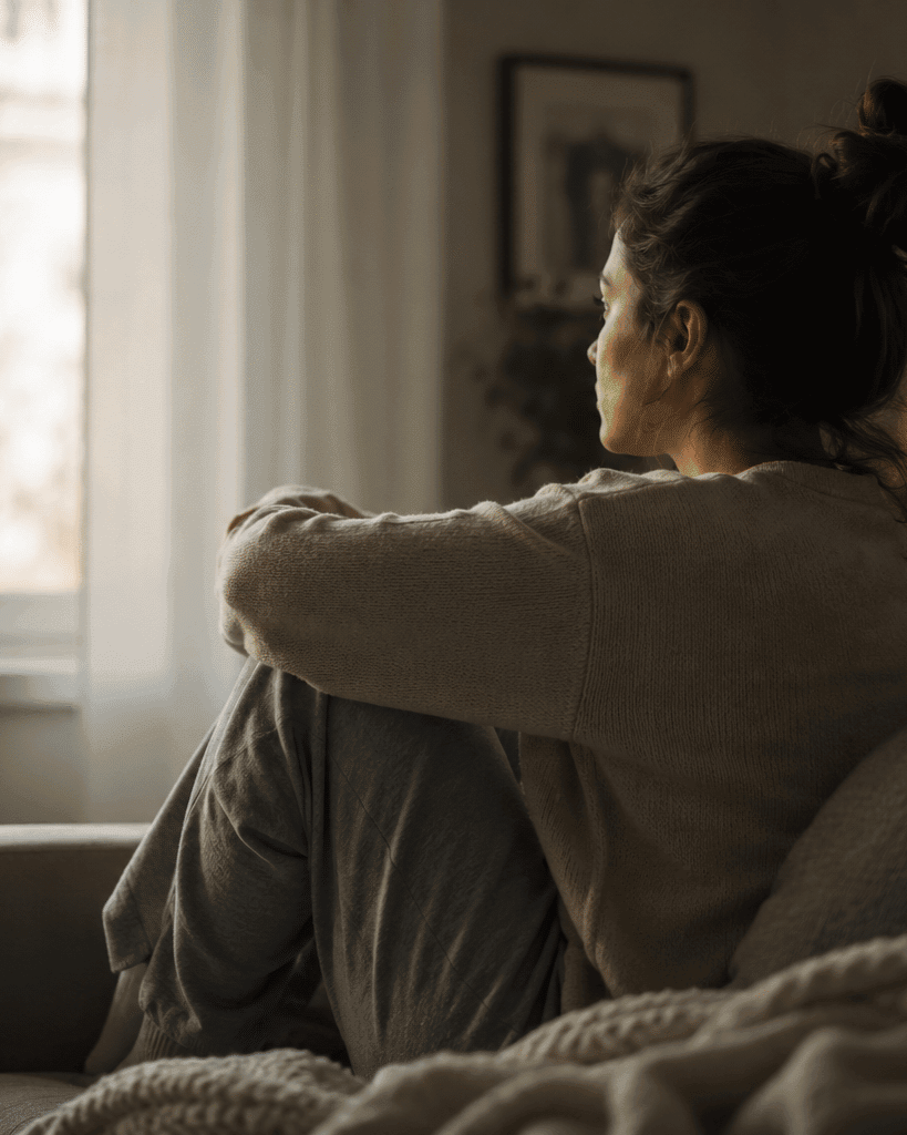 woman sitting on bed recovering from trauma
